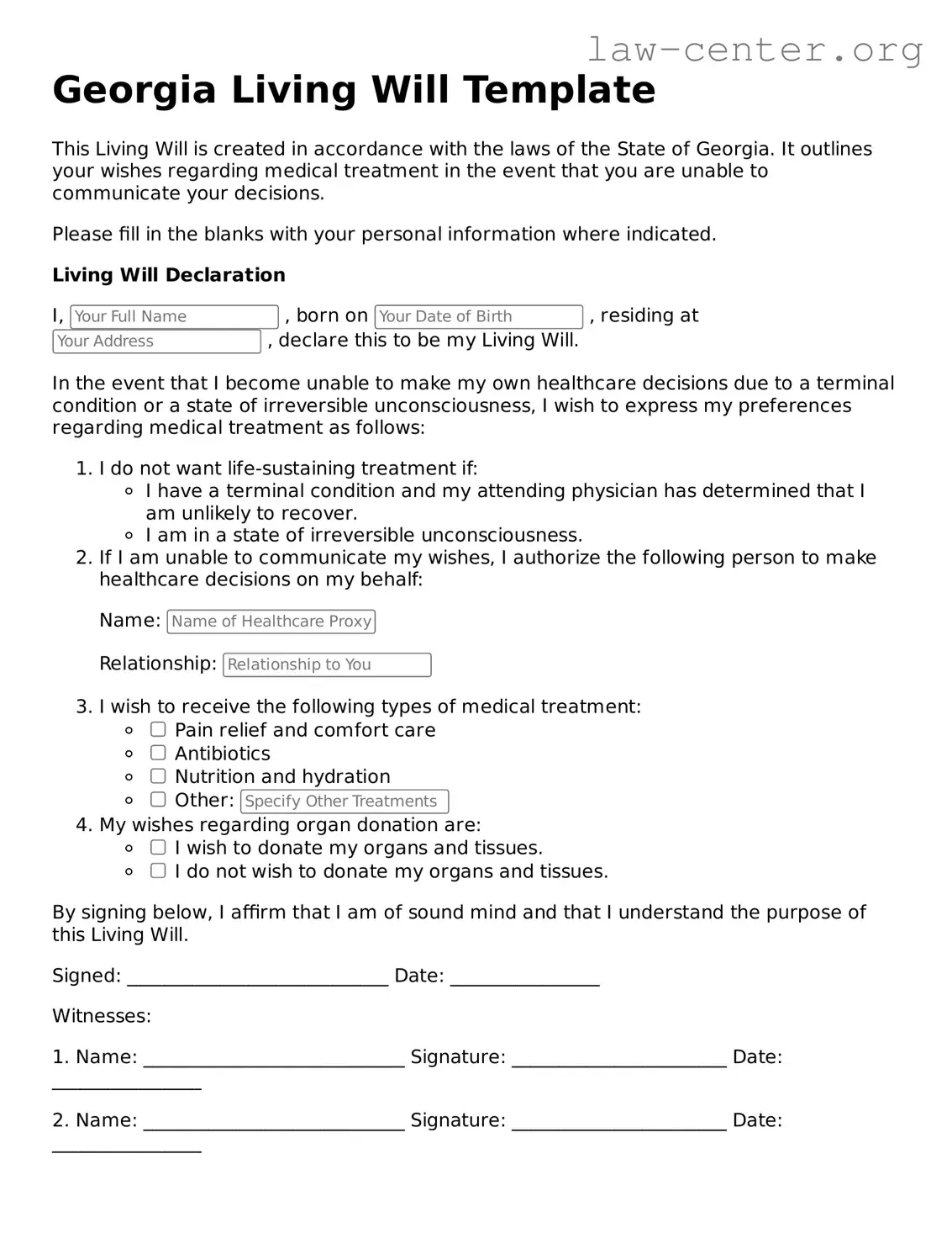 Attorney-Approved Georgia Living Will Document