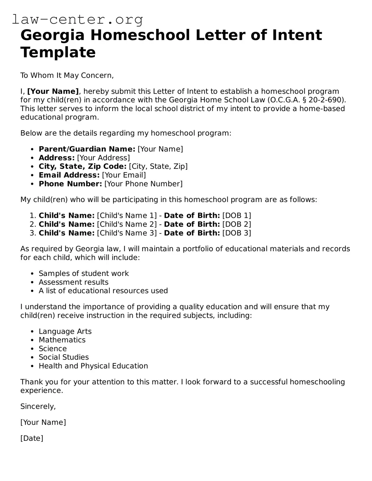 Attorney-Approved Georgia Homeschool Letter of Intent Document
