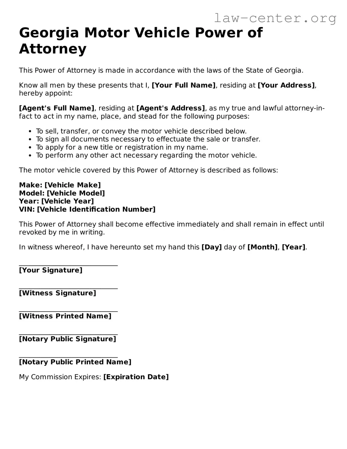Attorney-Approved Georgia Motor Vehicle Power of Attorney Document