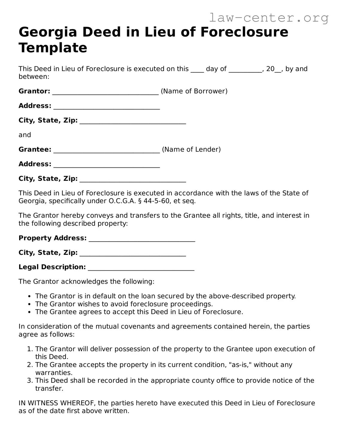 Attorney-Approved Georgia Deed in Lieu of Foreclosure Document