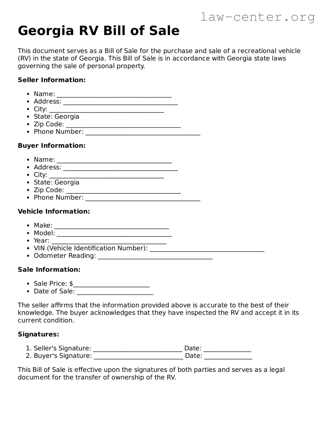 Attorney-Approved Georgia RV Bill of Sale Document