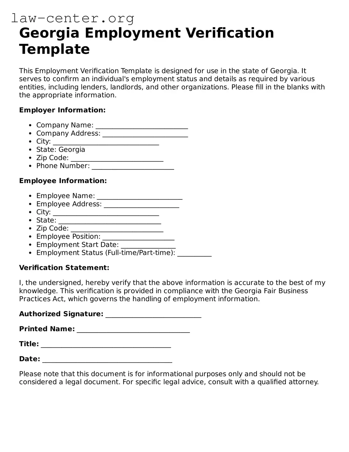 Attorney-Approved Georgia Employment Verification Document