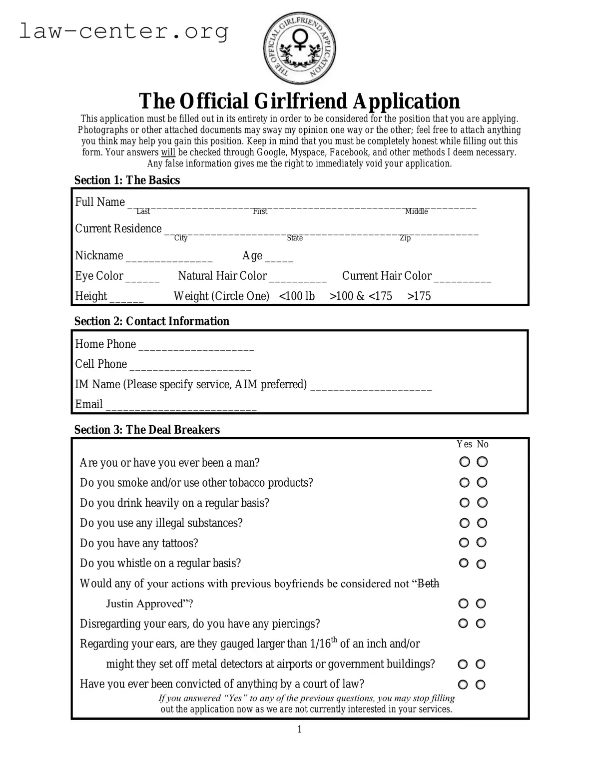 Get Girlfriend Application Form