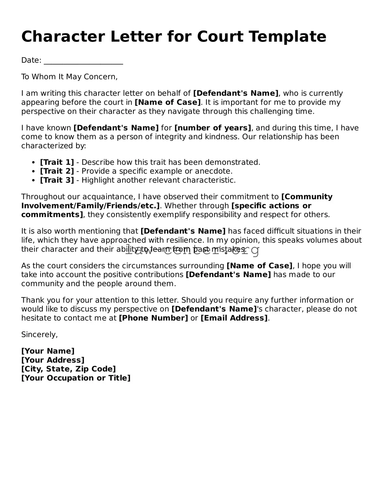 Free Character Letter for Court Template