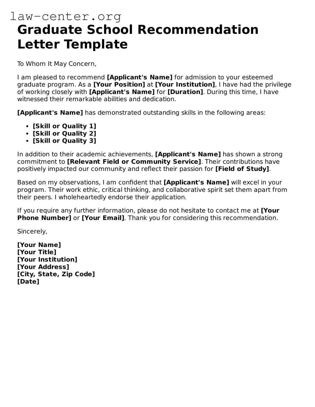 Free Graduate School Recommendation Letter Template