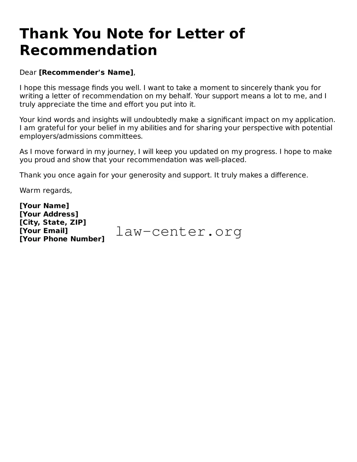 Free Thank You Note for a Letter of Recommendation Template