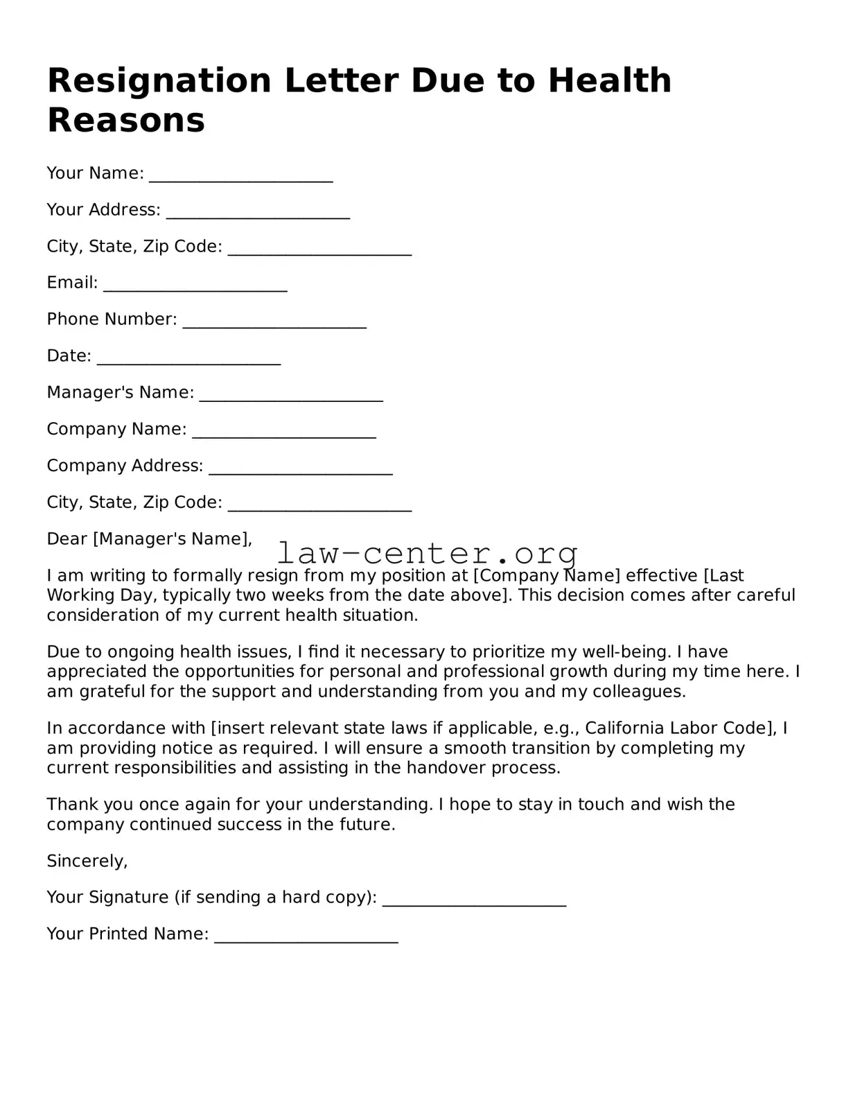 Free Resignation Letter Due to Health Reasons Template