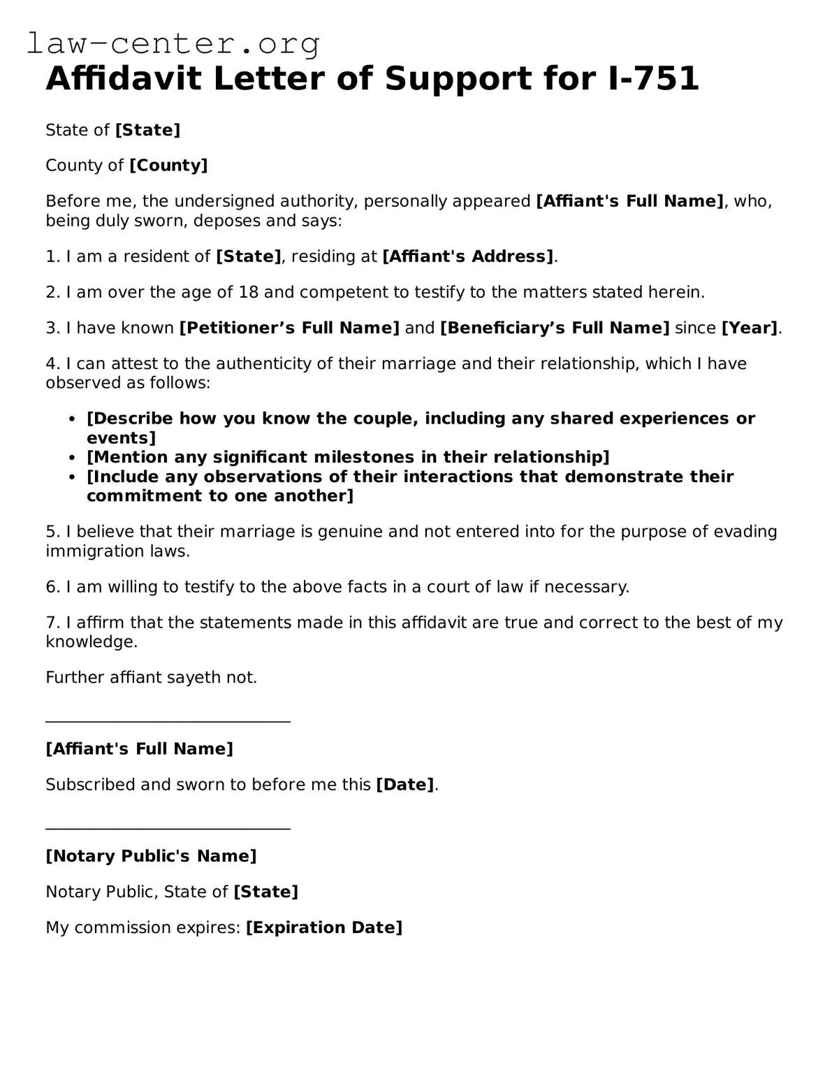 Free Affidavit Letter of Support for I-751 Template