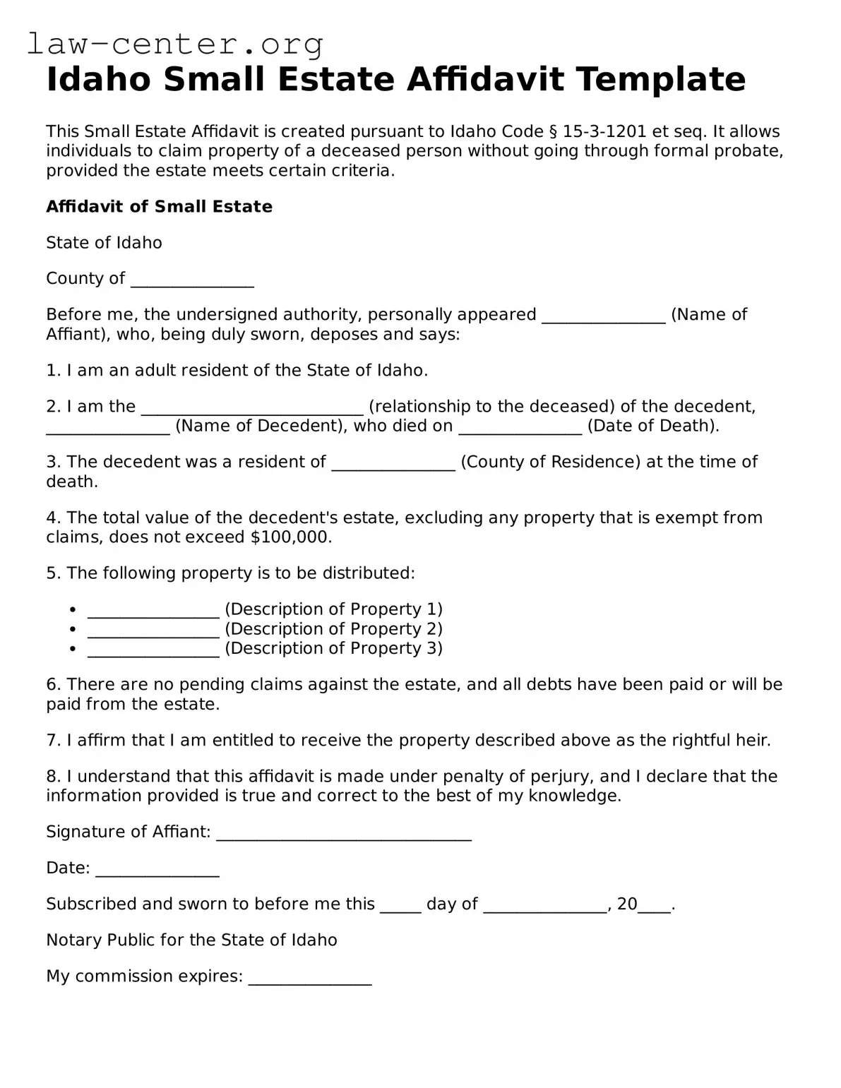 Attorney-Approved Idaho Small Estate Affidavit Document