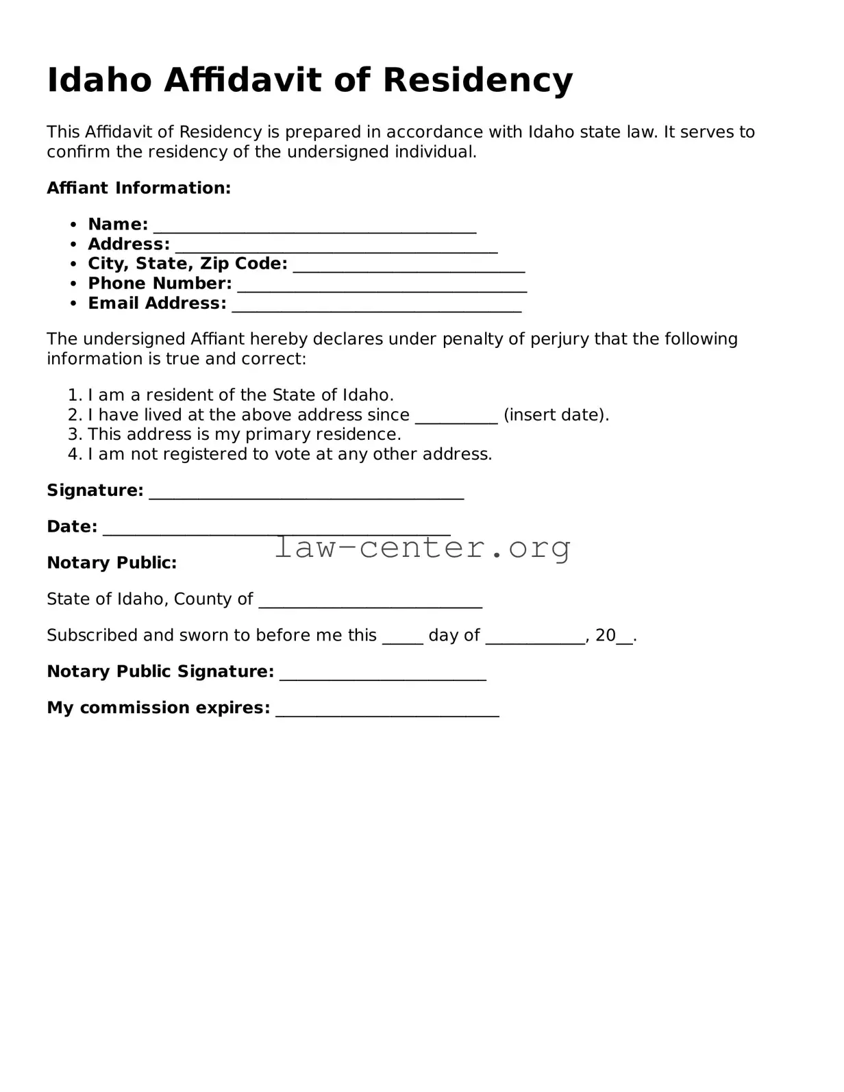 Attorney-Approved Idaho Affidavit of Residency Document