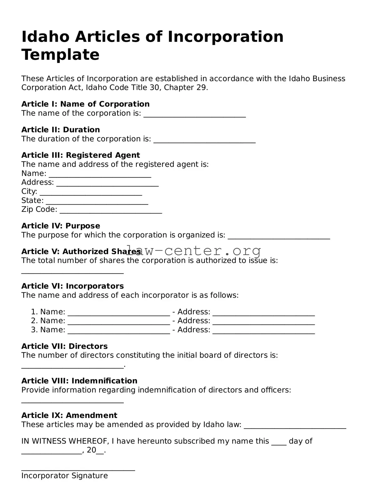 Attorney-Approved Idaho Articles of Incorporation Document