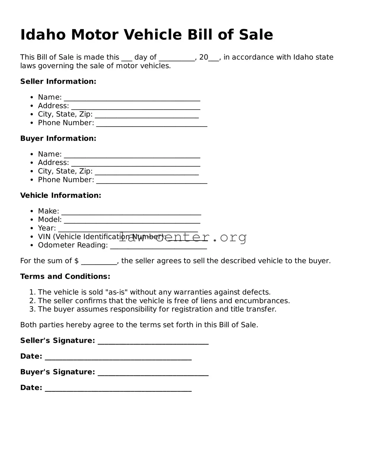 Attorney-Approved Idaho Motor Vehicle Bill of Sale Document