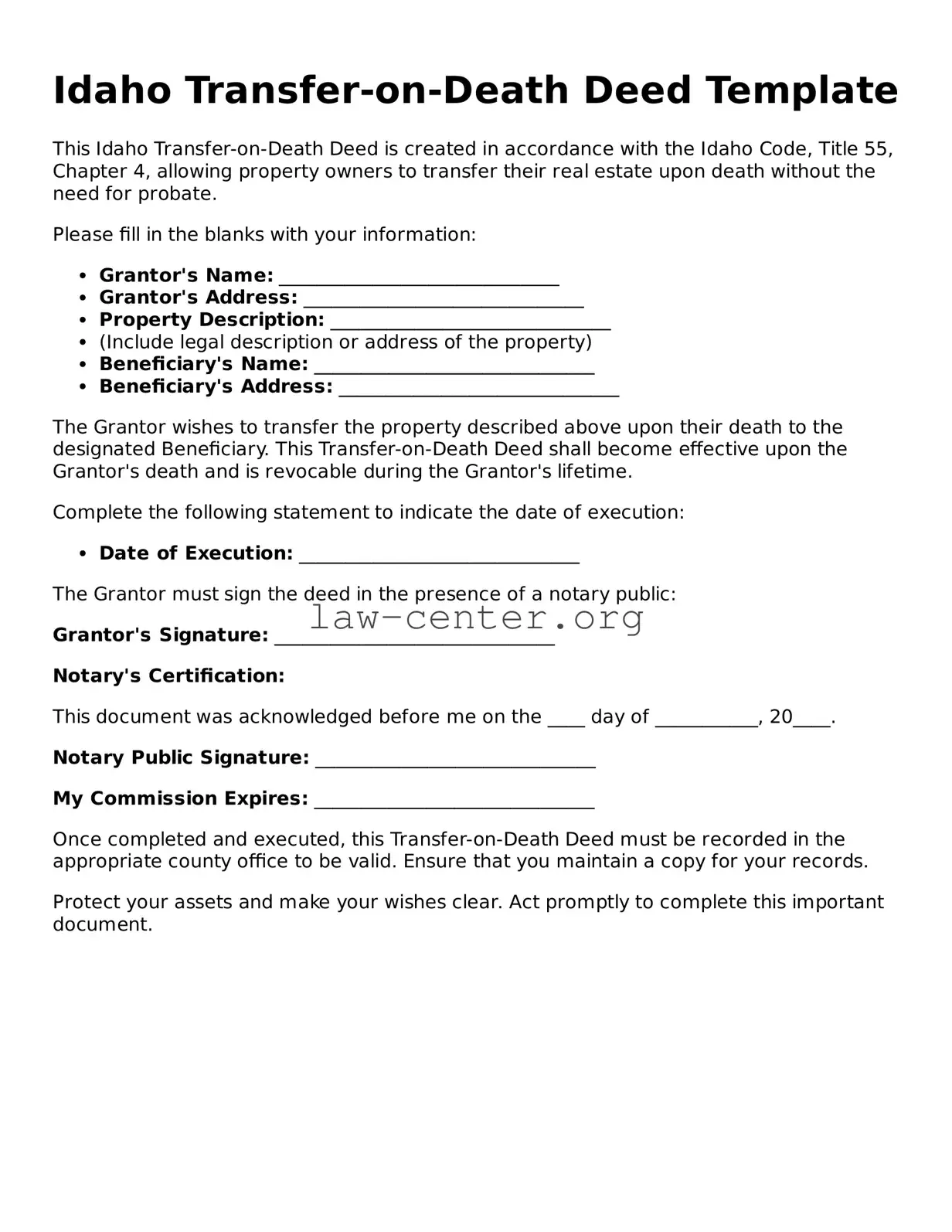 Attorney-Approved Idaho Transfer-on-Death Deed Document