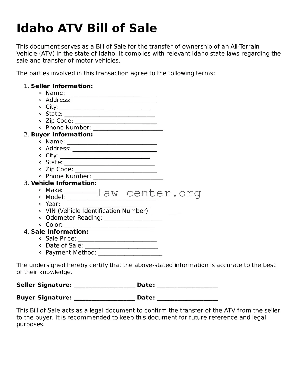 Attorney-Approved Idaho ATV Bill of Sale Document