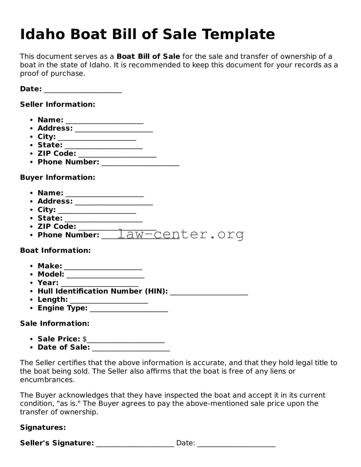 Attorney-Approved Idaho Boat Bill of Sale Document