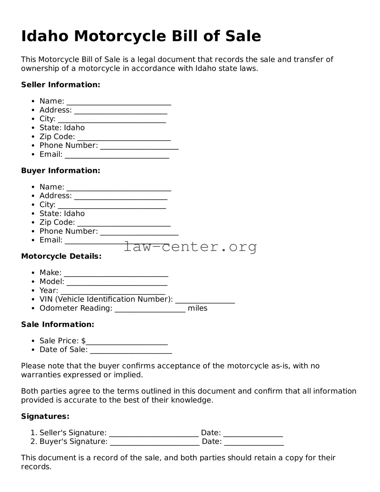 Attorney-Approved Idaho Motorcycle Bill of Sale Document