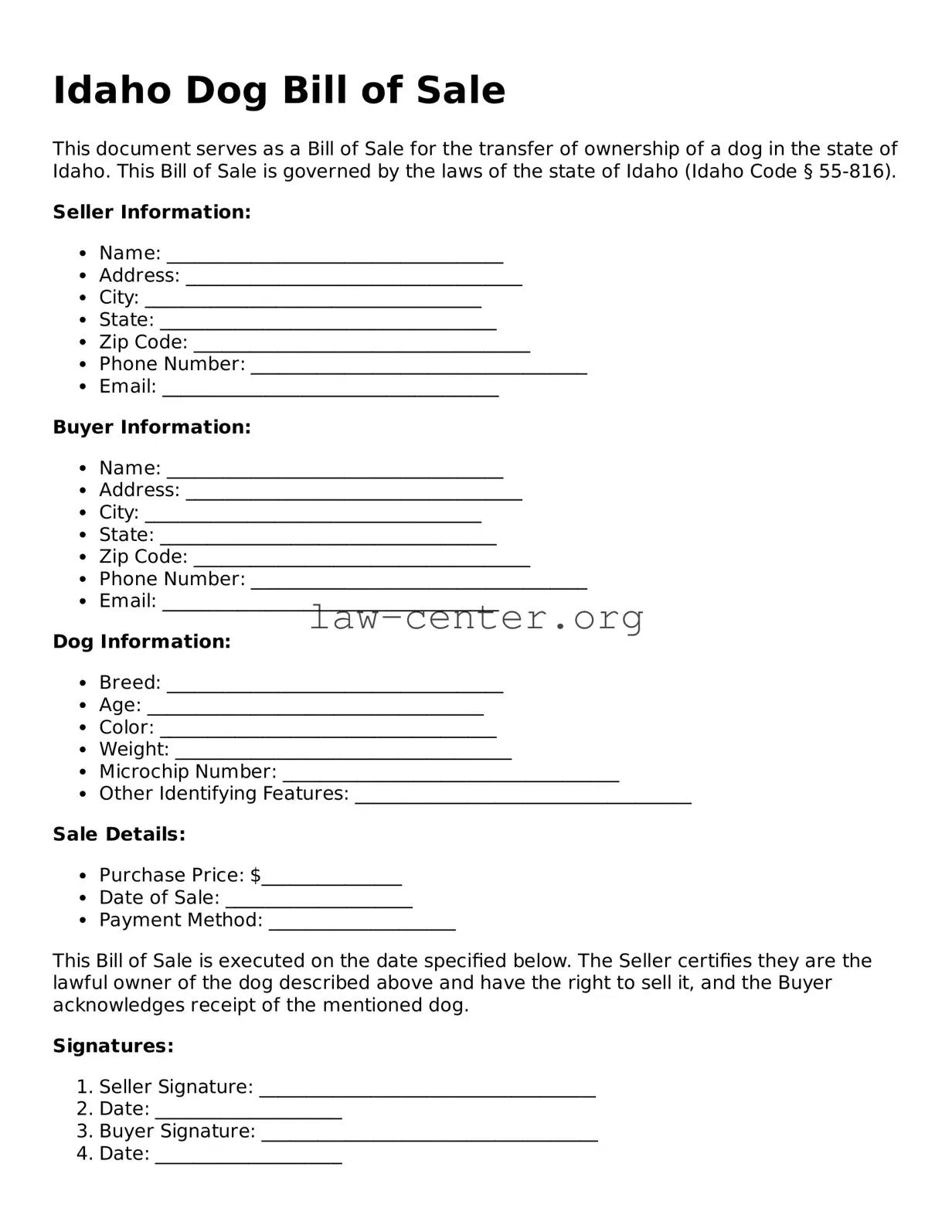 Attorney-Approved Idaho Dog Bill of Sale Document