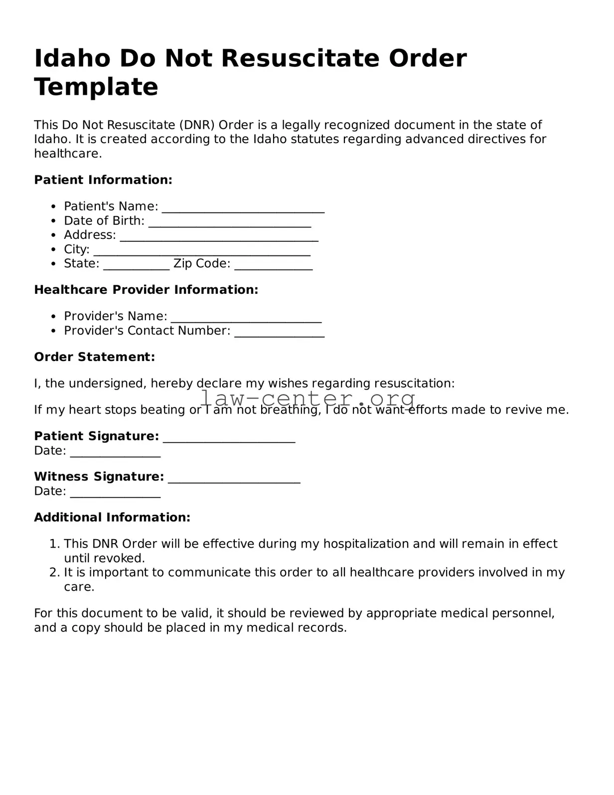 Attorney-Approved Idaho Do Not Resuscitate Order Document