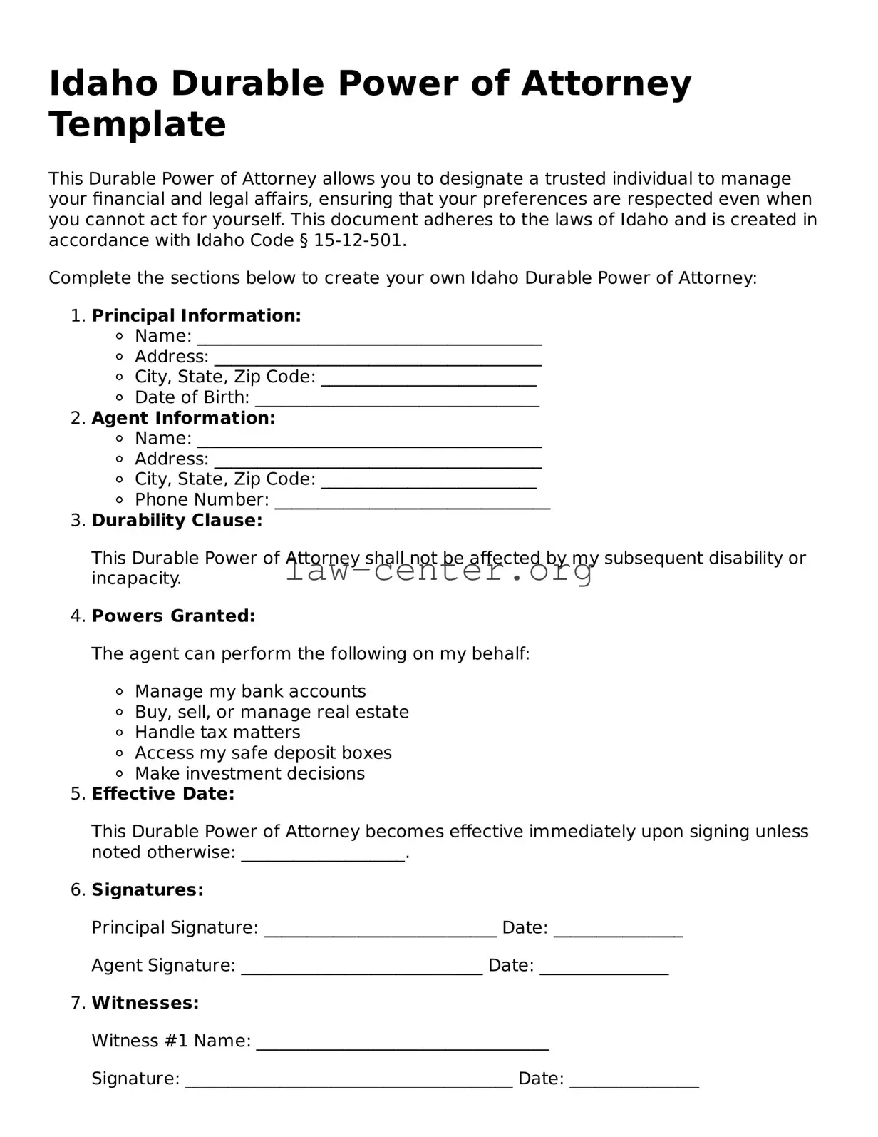 Attorney-Approved Idaho Durable Power of Attorney Document