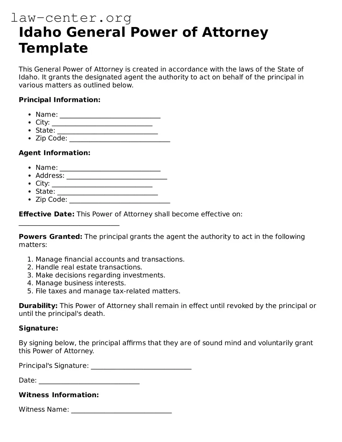 Attorney-Approved Idaho General Power of Attorney Document