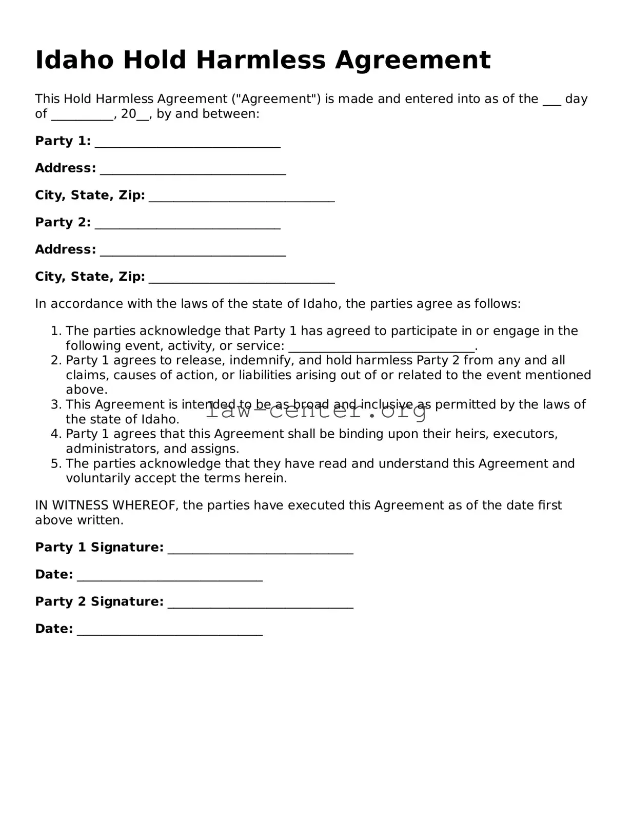 Attorney-Approved Idaho Hold Harmless Agreement Document
