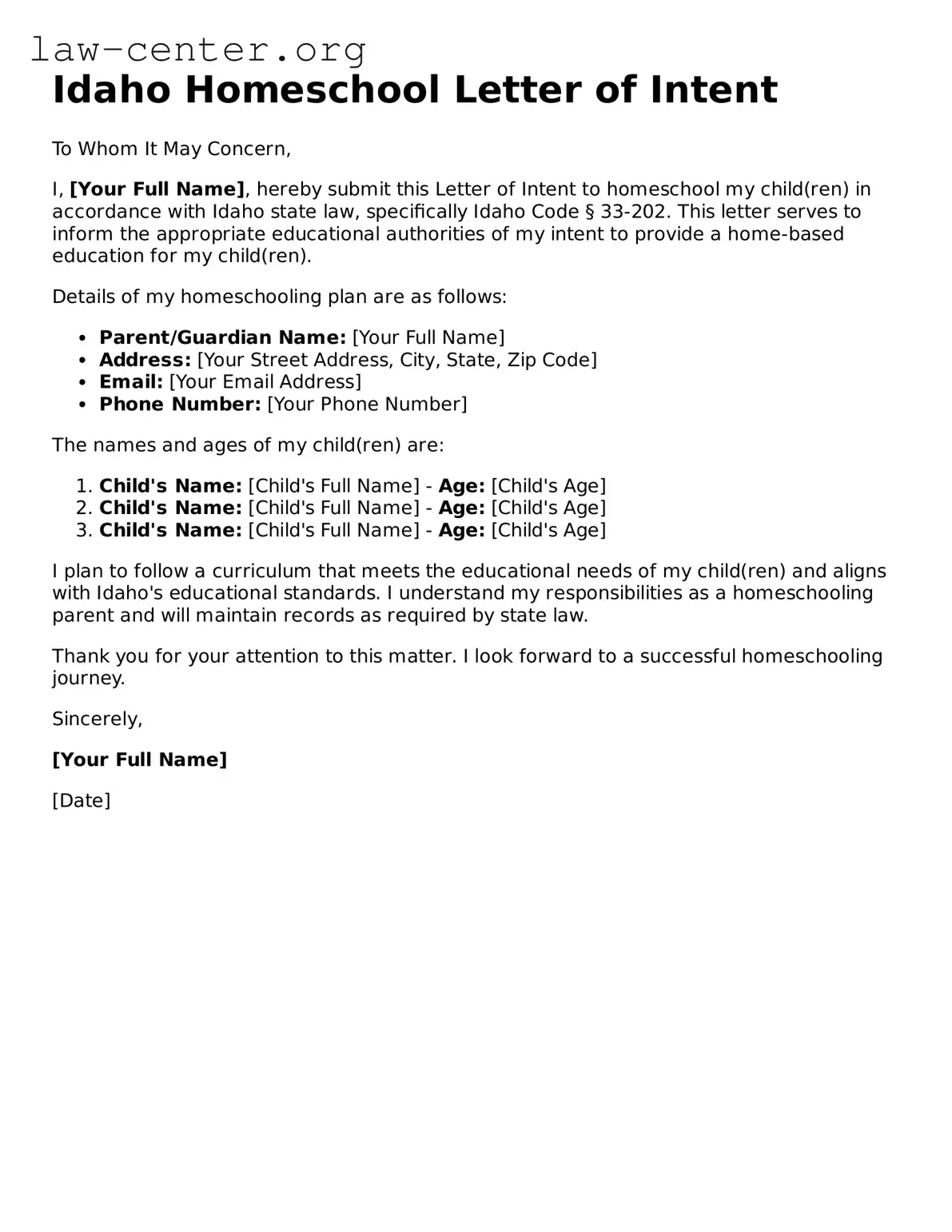 Attorney-Approved Idaho Homeschool Letter of Intent Document