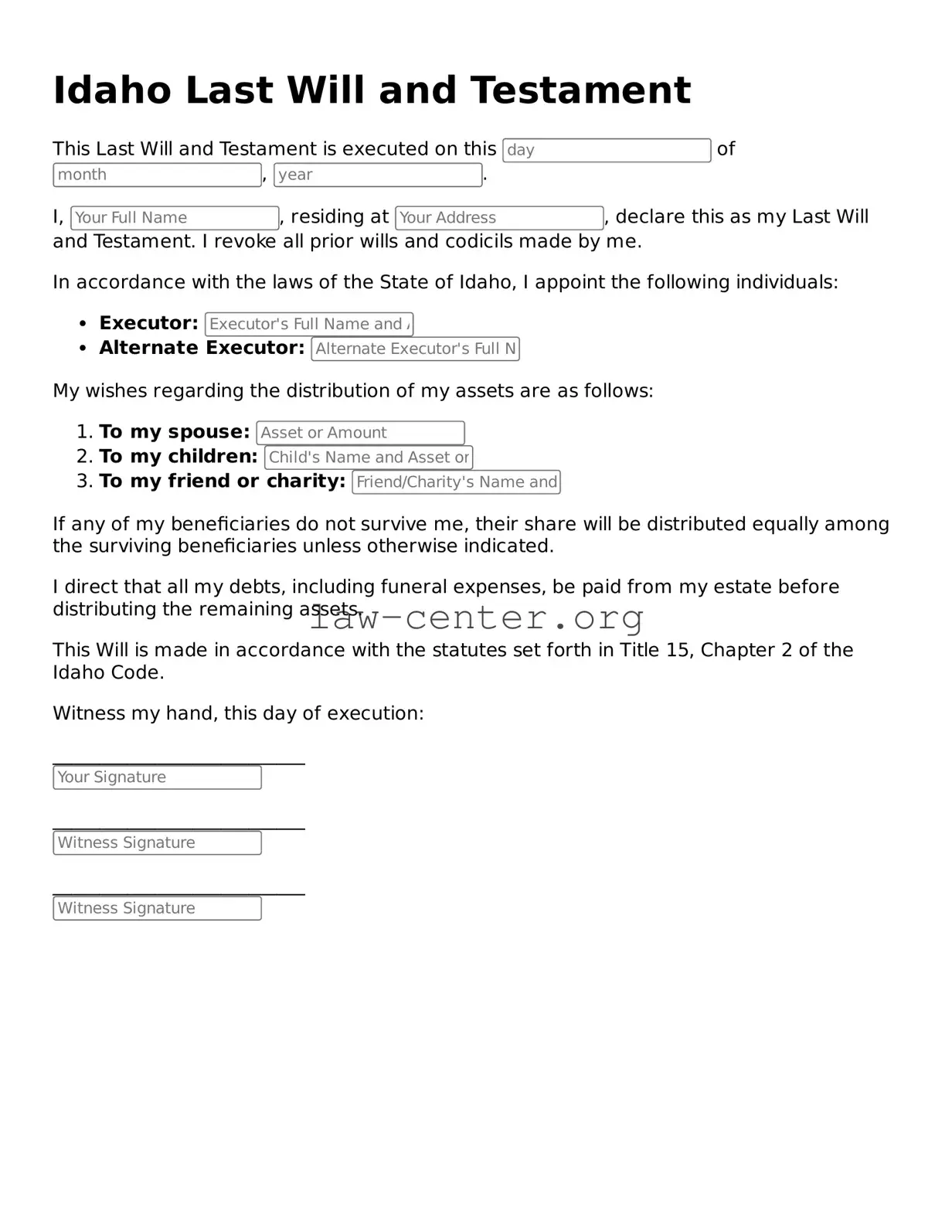 Attorney-Approved Idaho Last Will and Testament Document