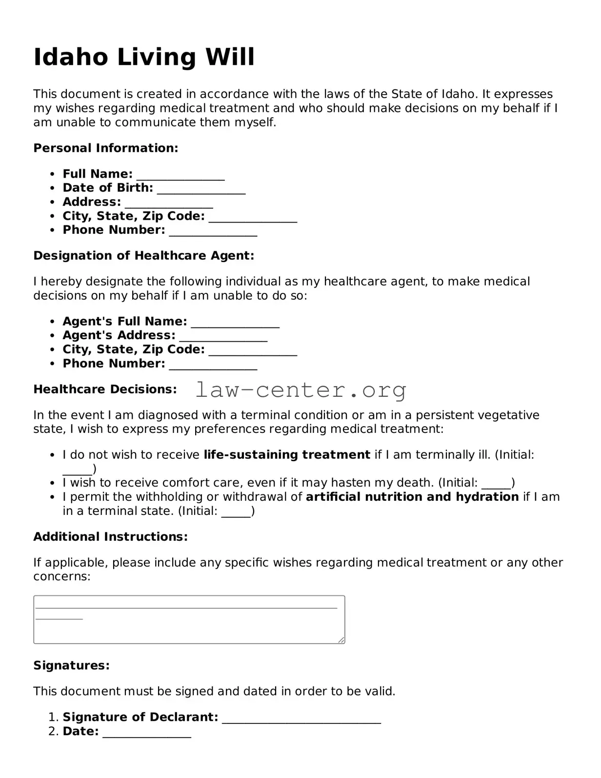 Attorney-Approved Idaho Living Will Document