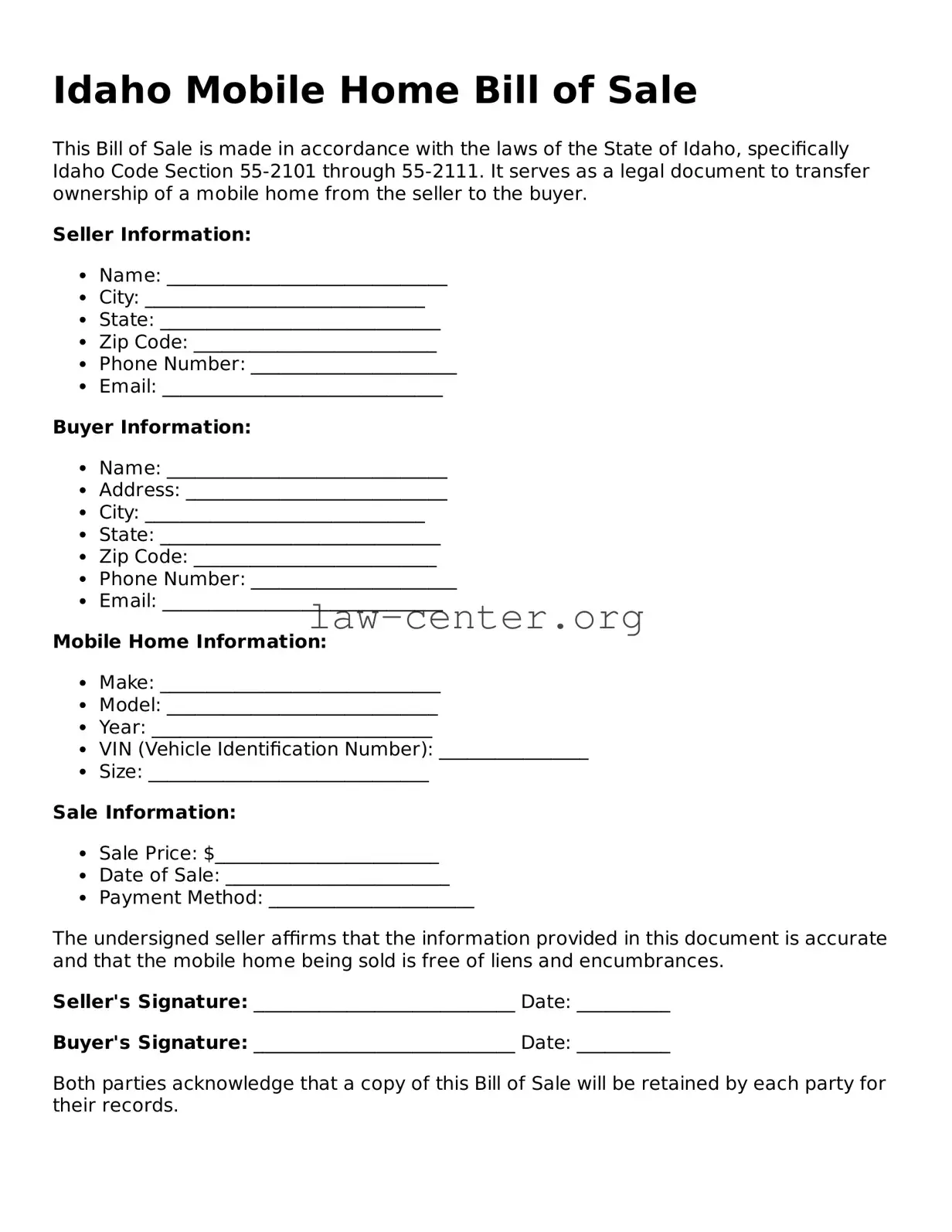 Attorney-Approved Idaho Mobile Home Bill of Sale Document