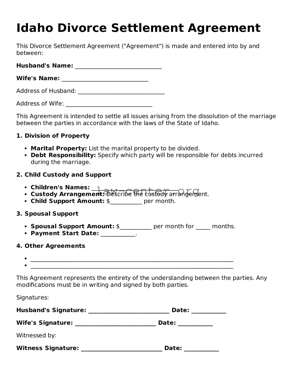 Attorney-Approved Idaho Divorce Settlement Agreement Document