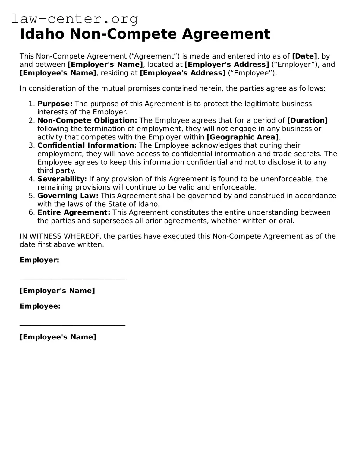 Attorney-Approved Idaho Non-compete Agreement Document
