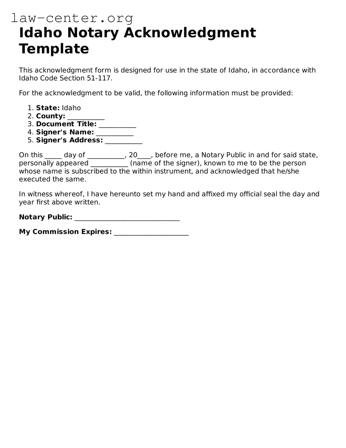 Attorney-Approved Idaho Notary Acknowledgement Document