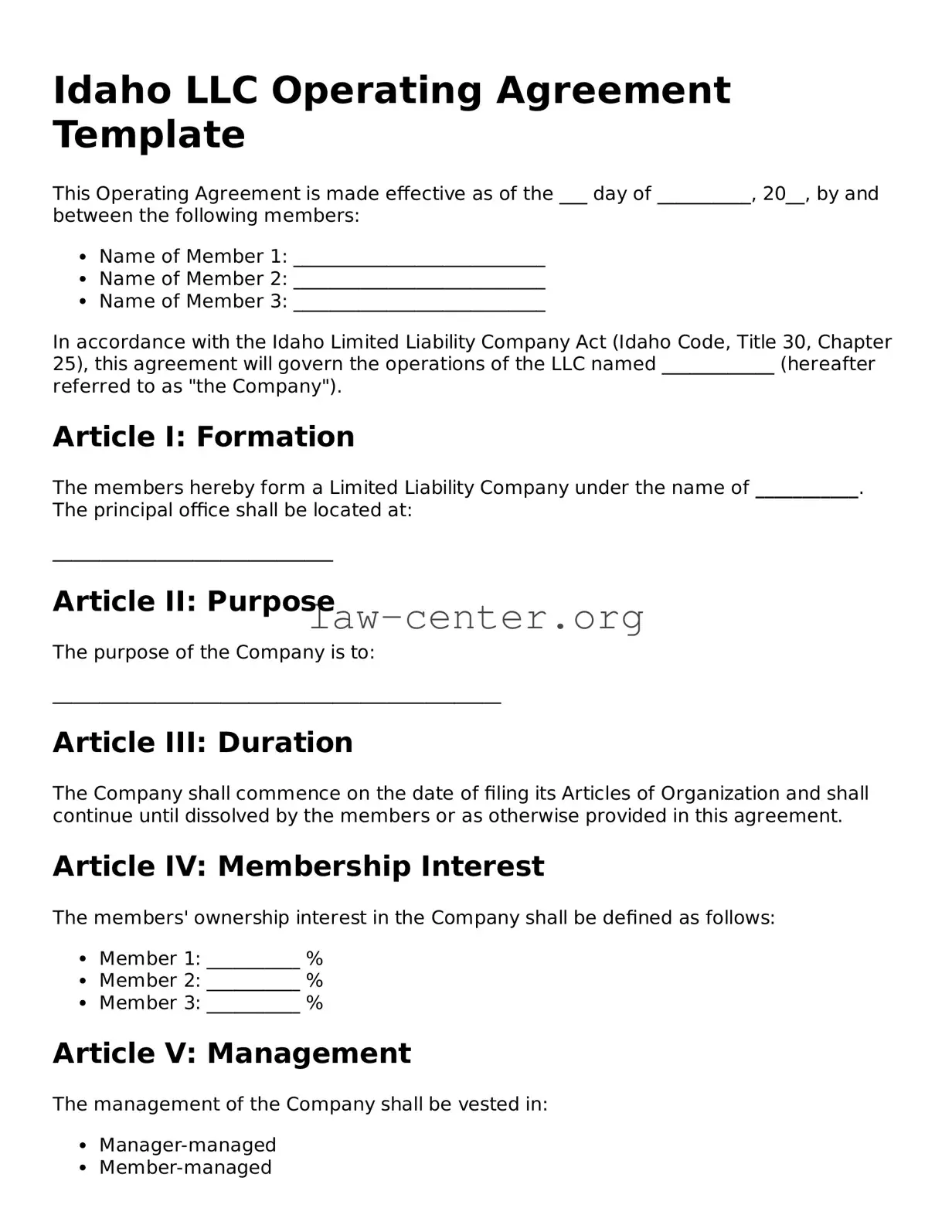 Attorney-Approved Idaho Operating Agreement Document