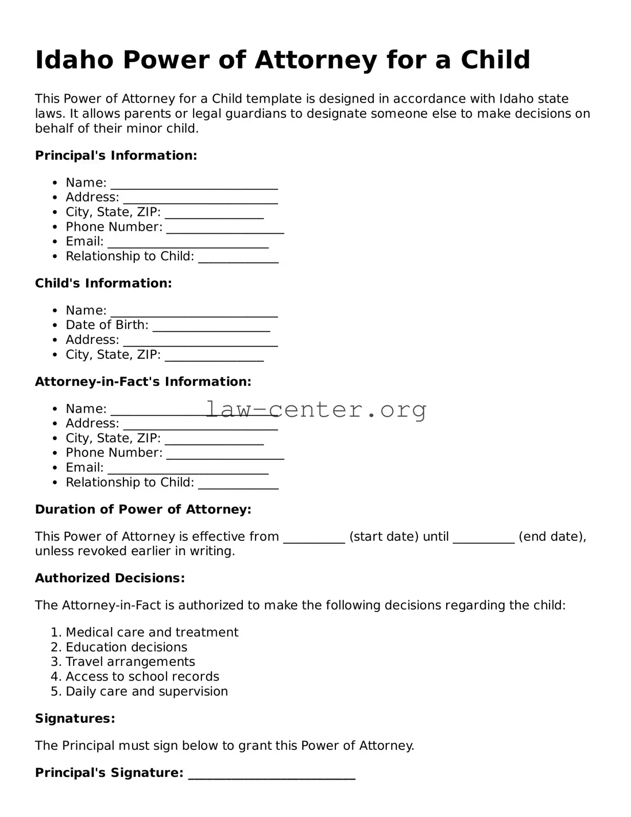 Attorney-Approved Idaho Power of Attorney for a Child Document