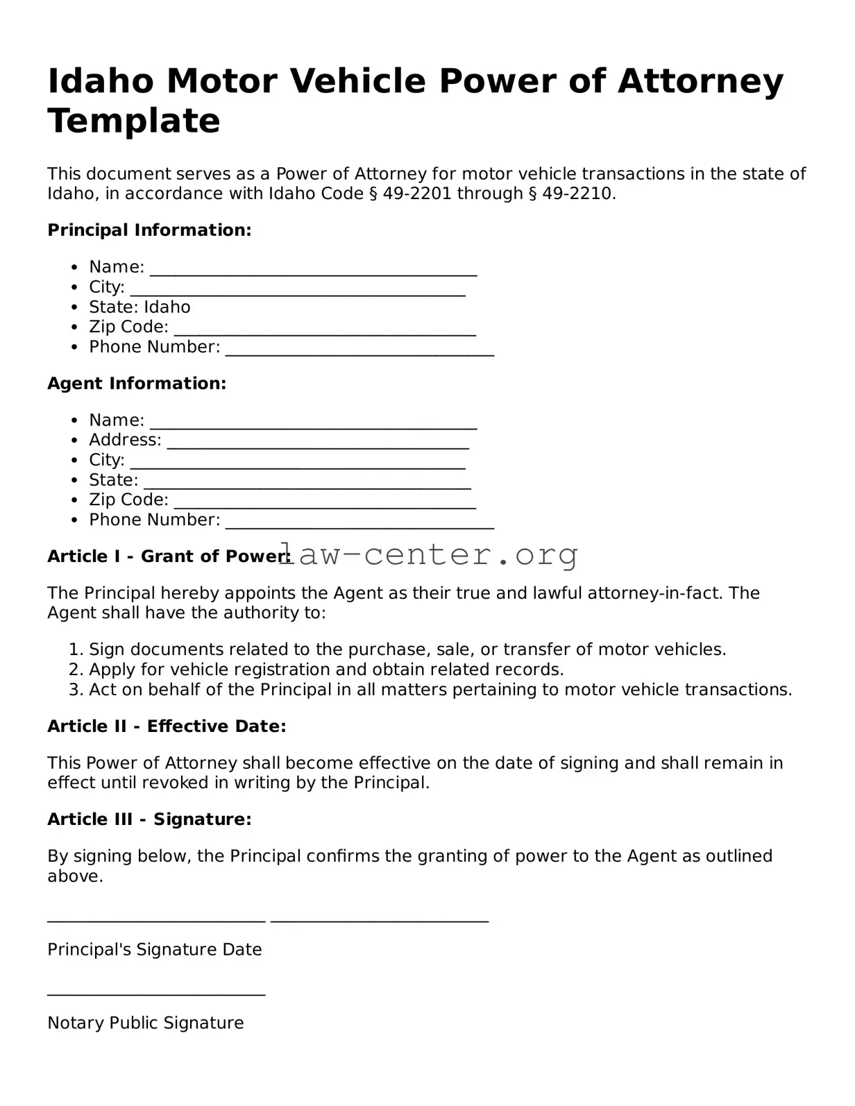 Attorney-Approved Idaho Motor Vehicle Power of Attorney Document