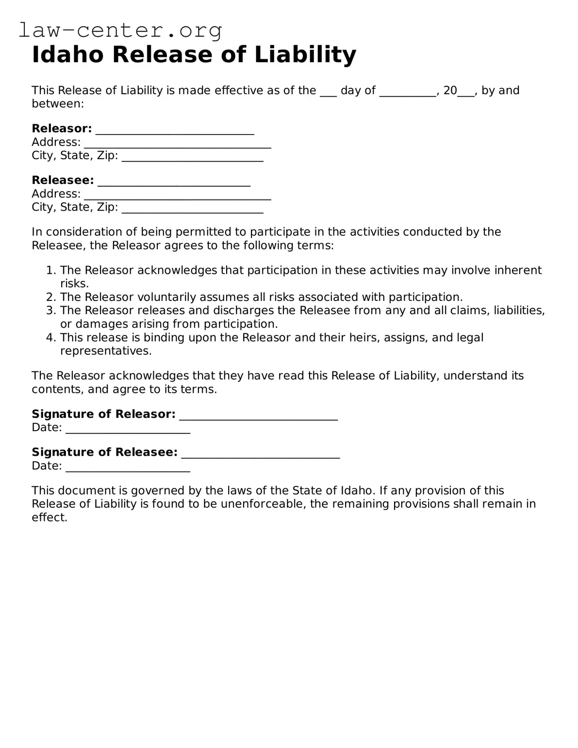 Attorney-Approved Idaho Release of Liability Document