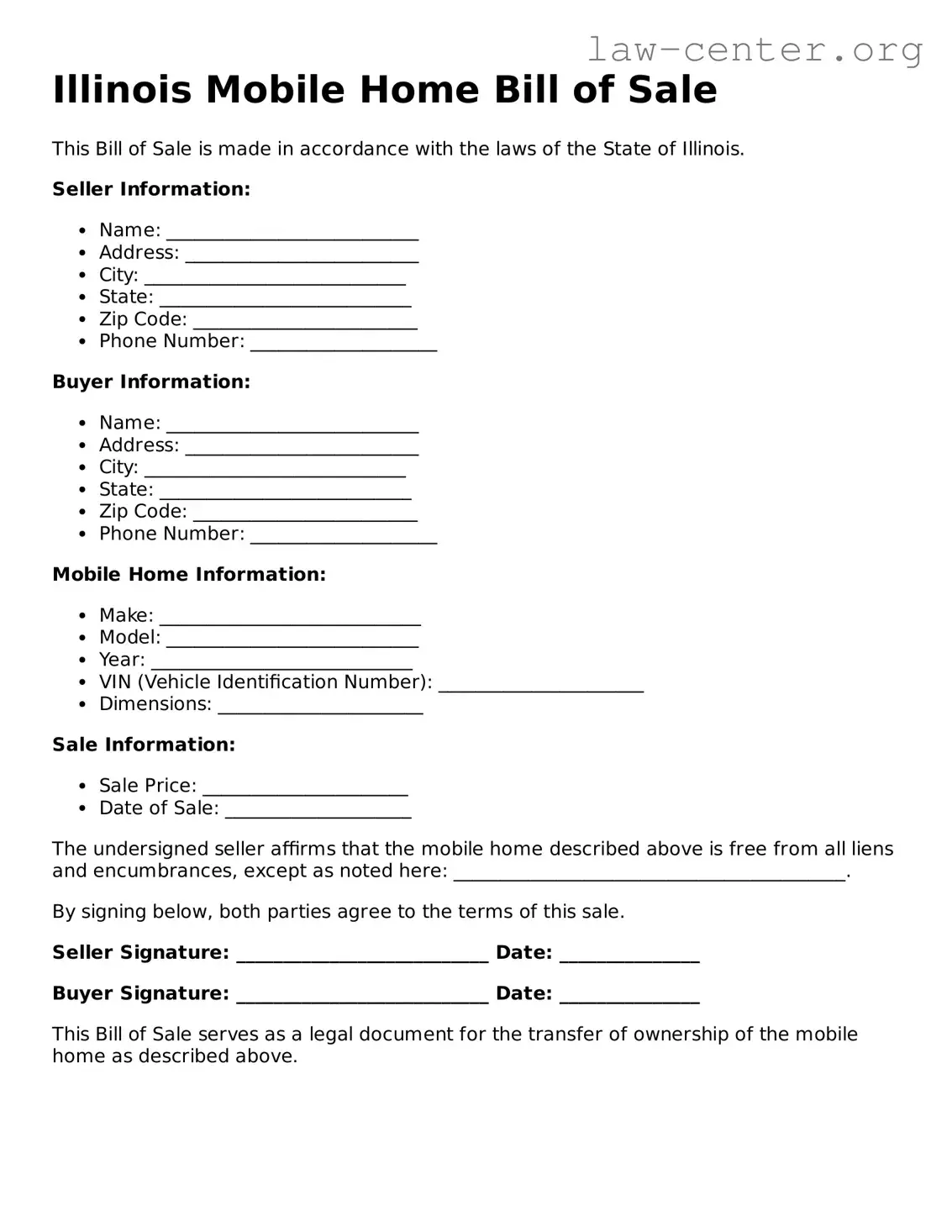 Attorney-Approved Illinois Mobile Home Bill of Sale Document