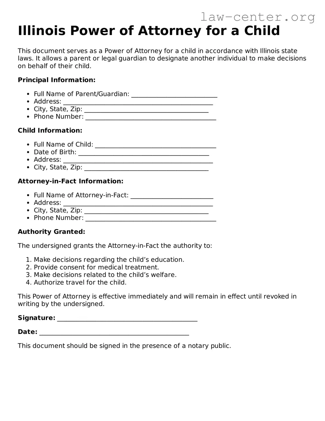 Attorney-Approved Illinois Power of Attorney for a Child Document
