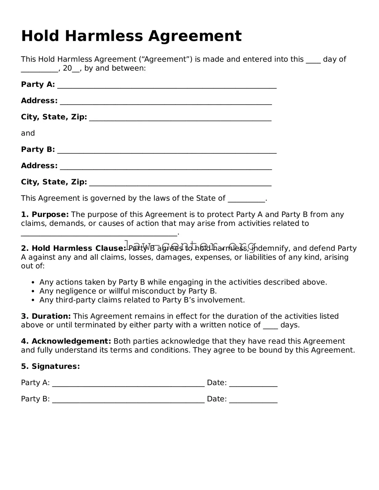 Free Hold Harmless Agreement Template