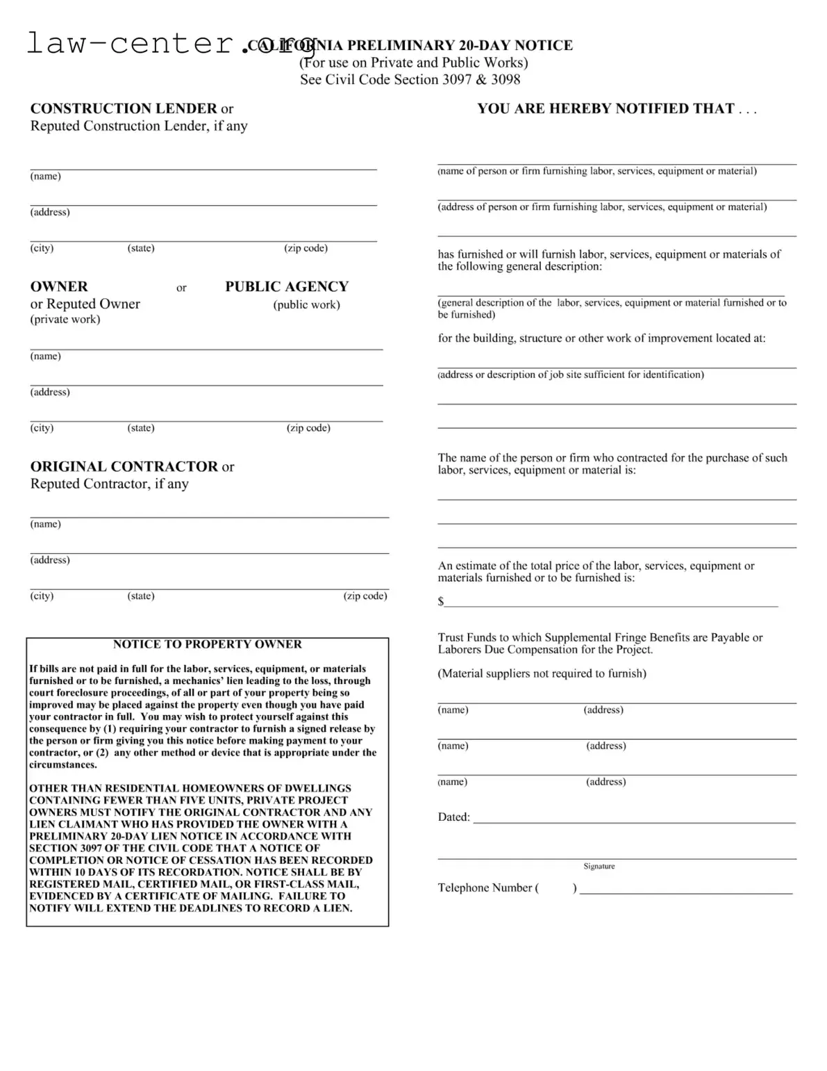 Get California Preliminary 20 Day Notice Form