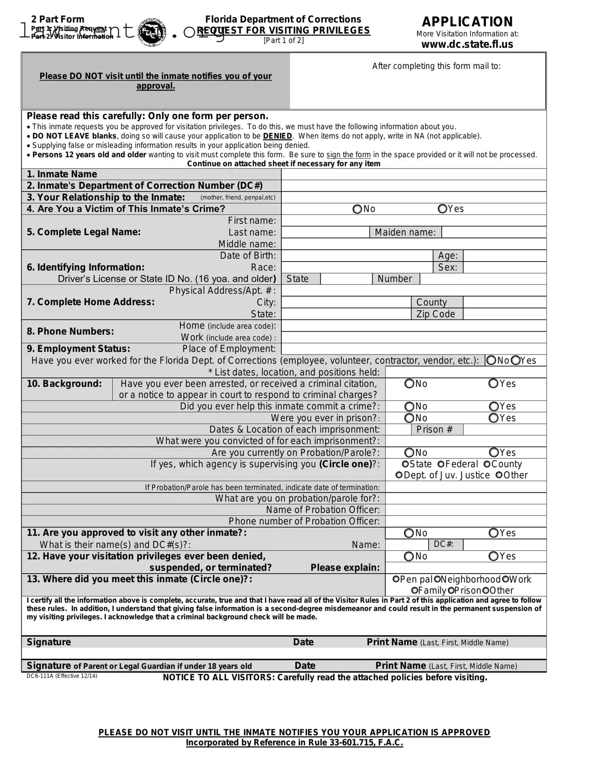 Get Department Of Corrections Visitation Florida Form
