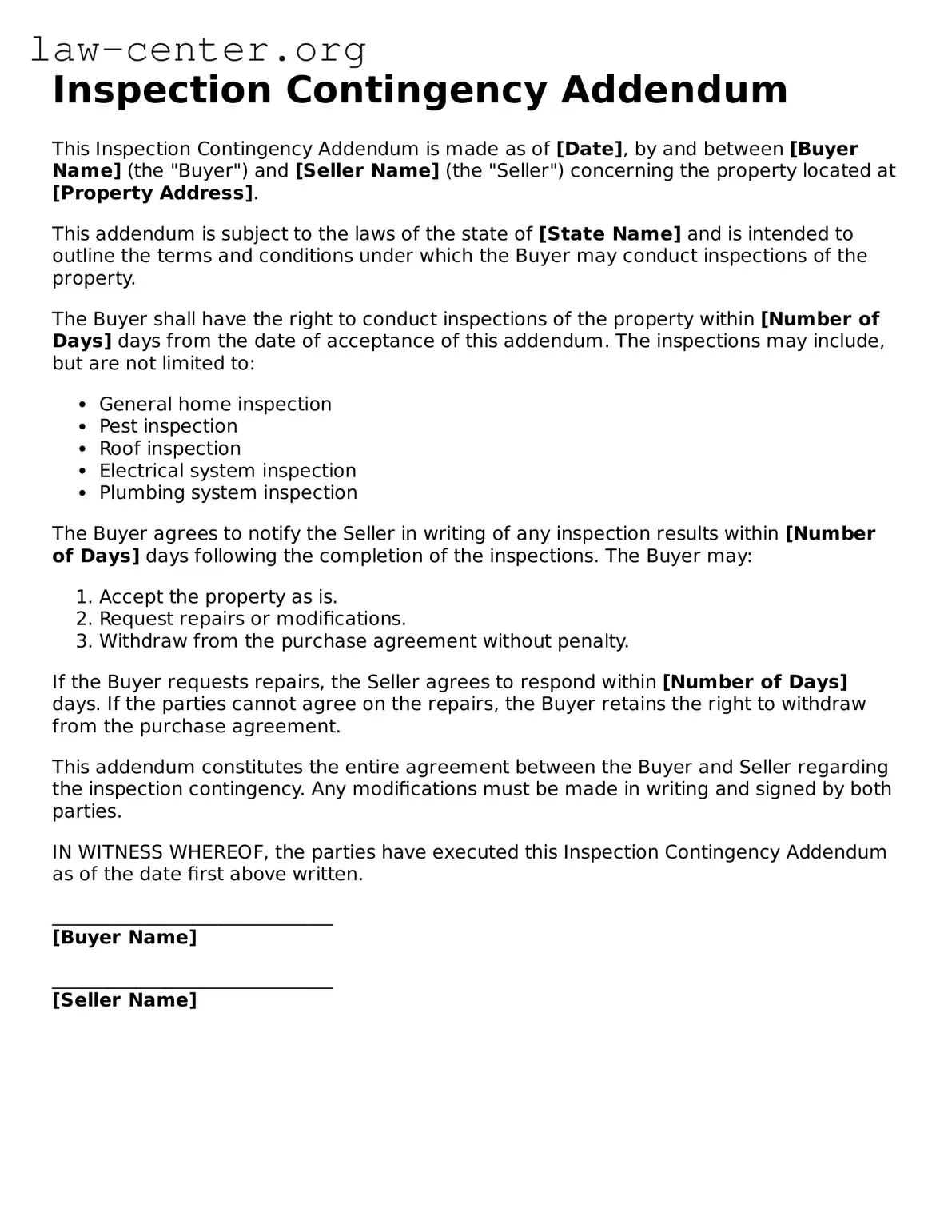 Free Inspection Contingency Addendum Template