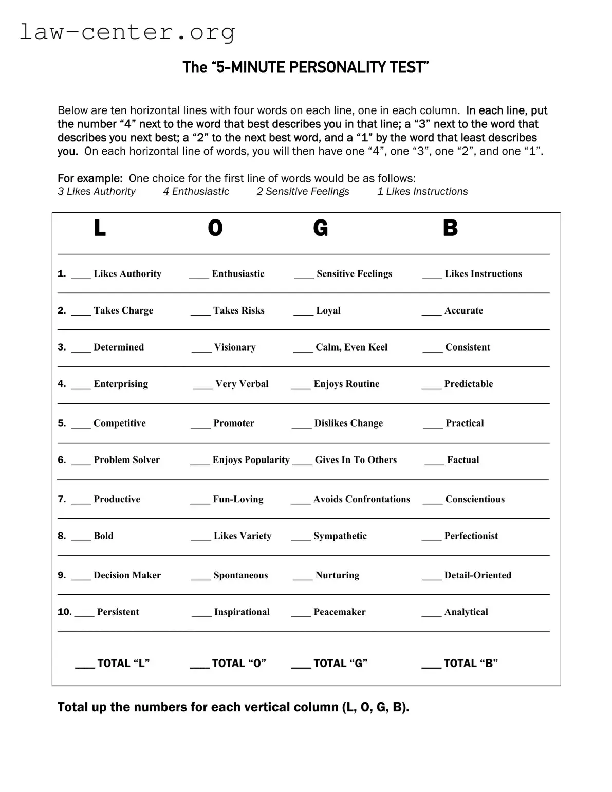 Get 5 Minute Personality Test Form