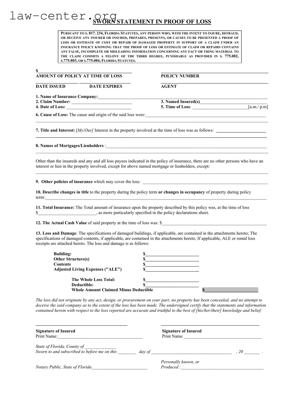 Get Florida Proof Loss Form
