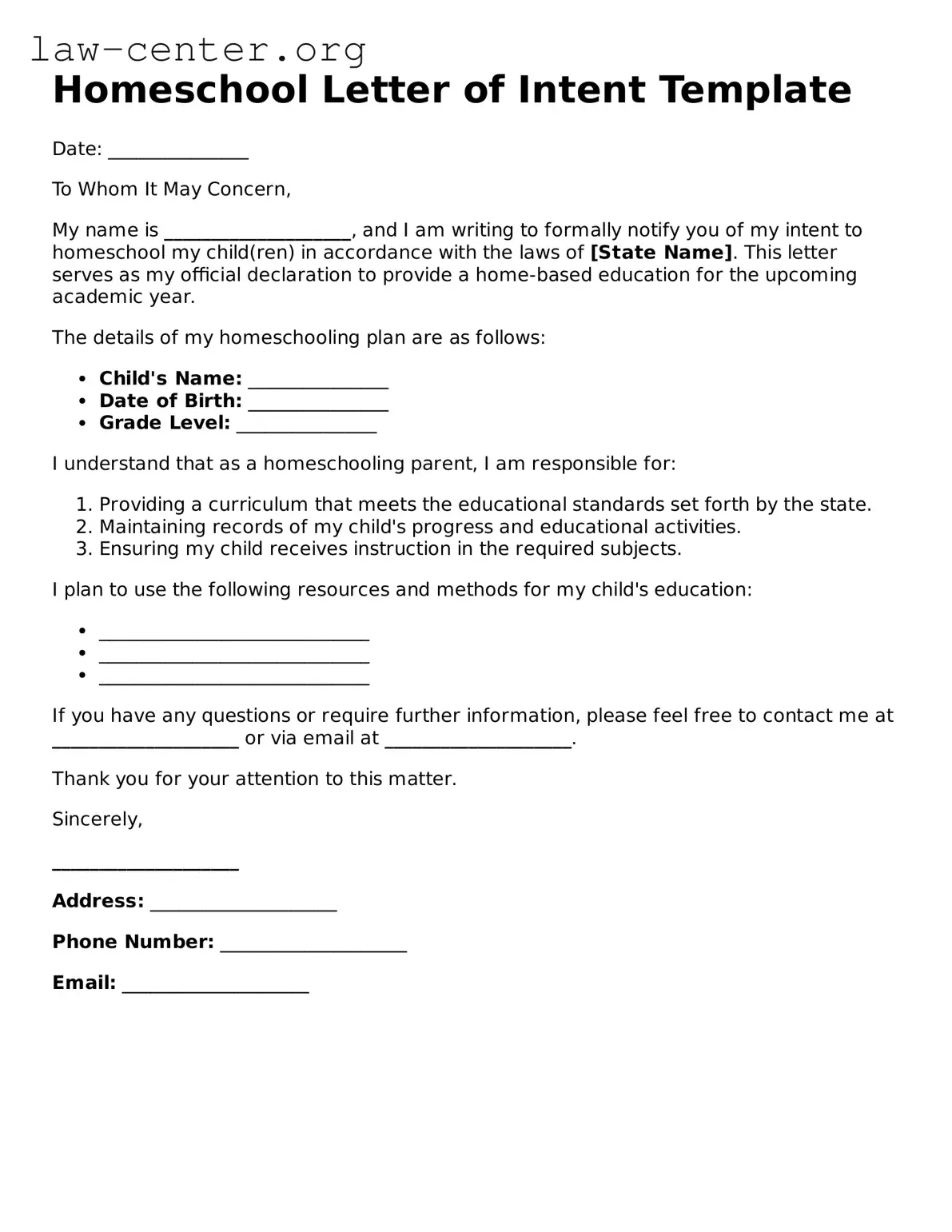 Free Homeschool Letter of Intent Template