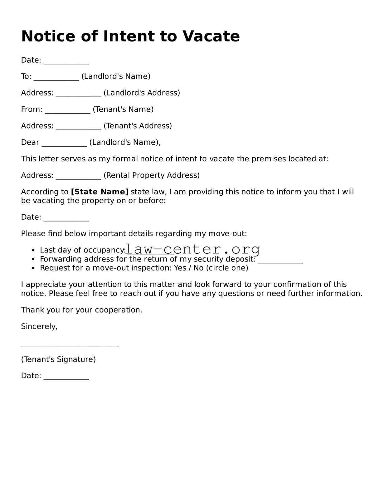 Free Notice of Intent to Vacate Template