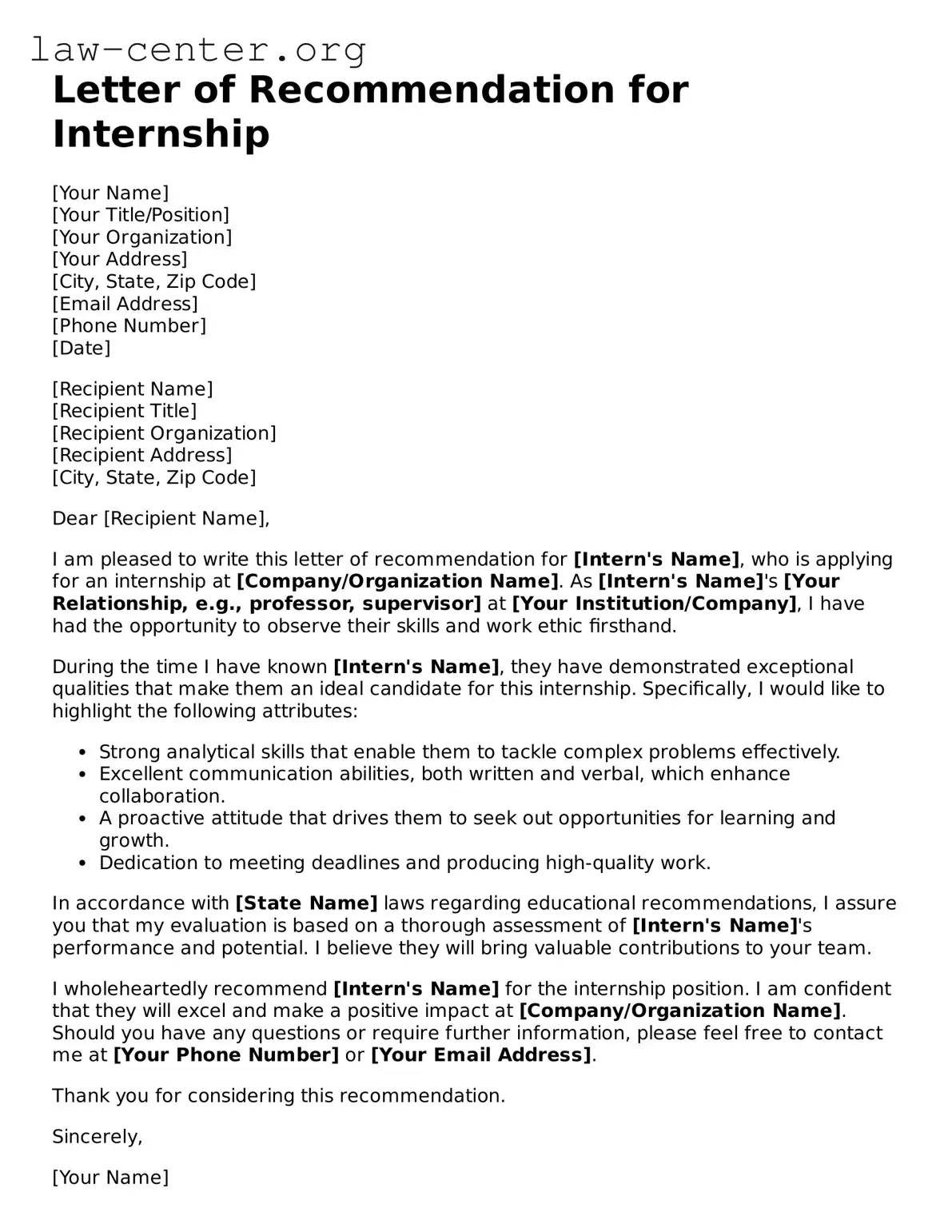 Free Letter of Recommendation for Internship Template