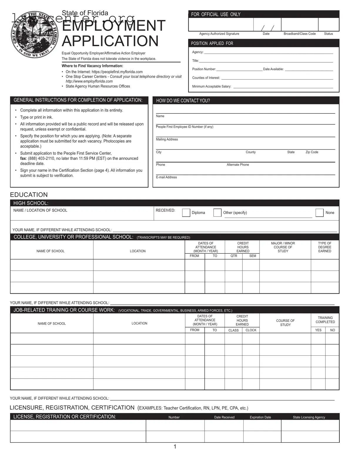 Get Employment Application Florida Form