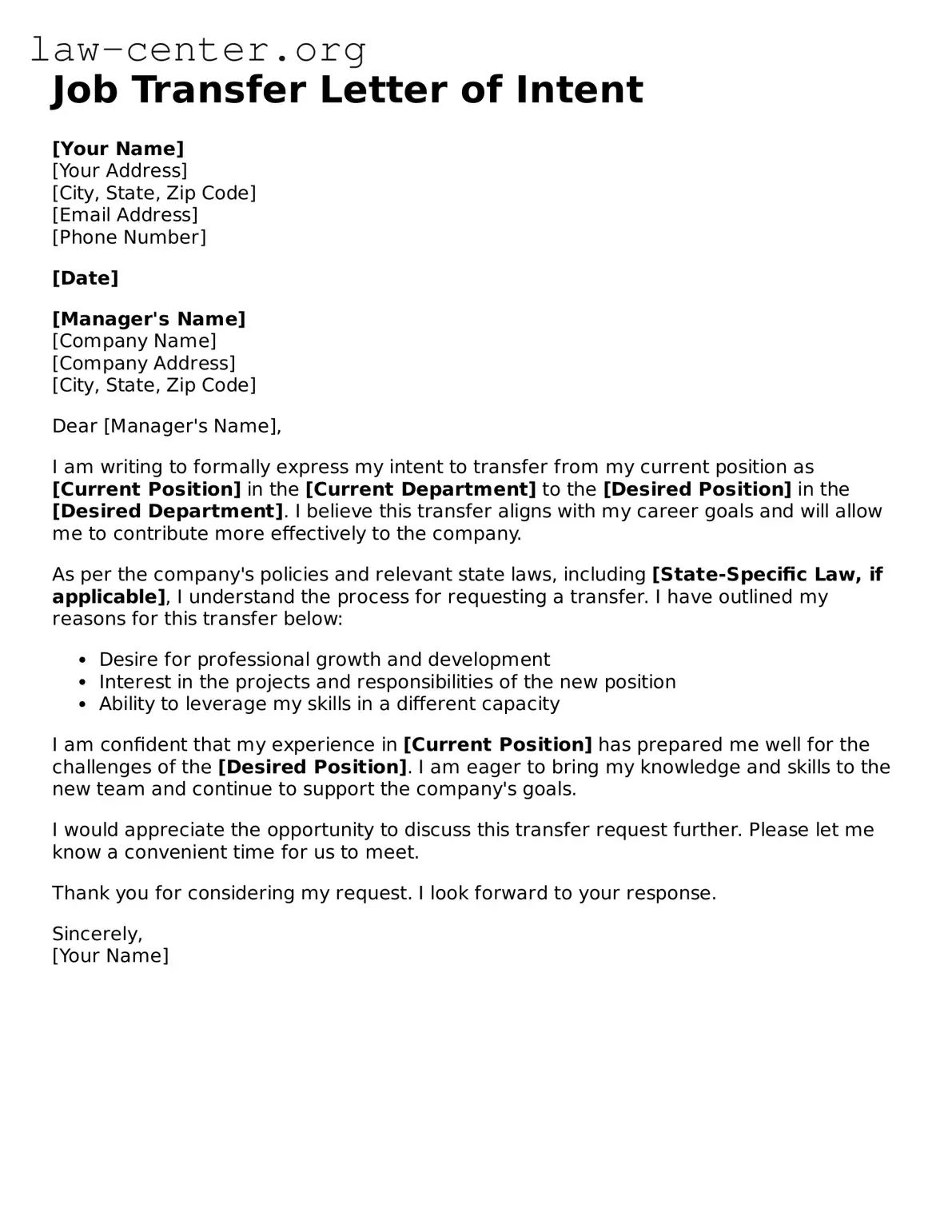 Free Job Transfer Letter of Intent Template