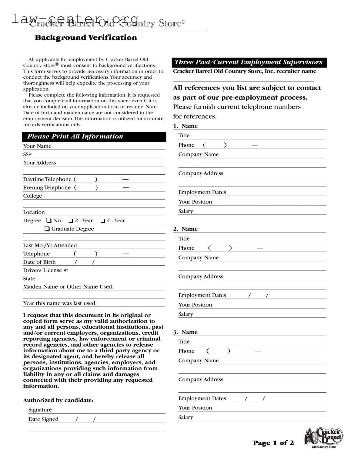Get Cracker Barrel Background Check Form